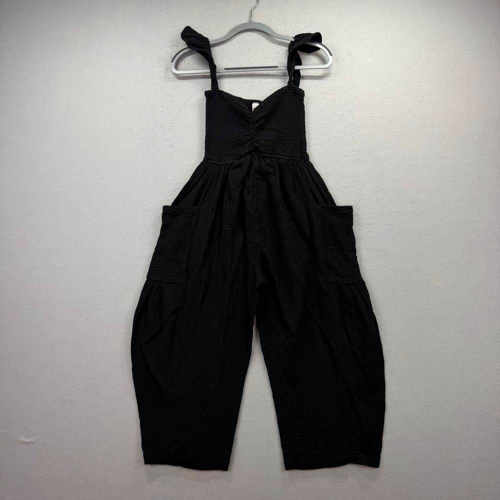 Mahina Jumpsuit Womens XS Black Gauze Smocked Ruffle Strap Baggy Jumper Romper
